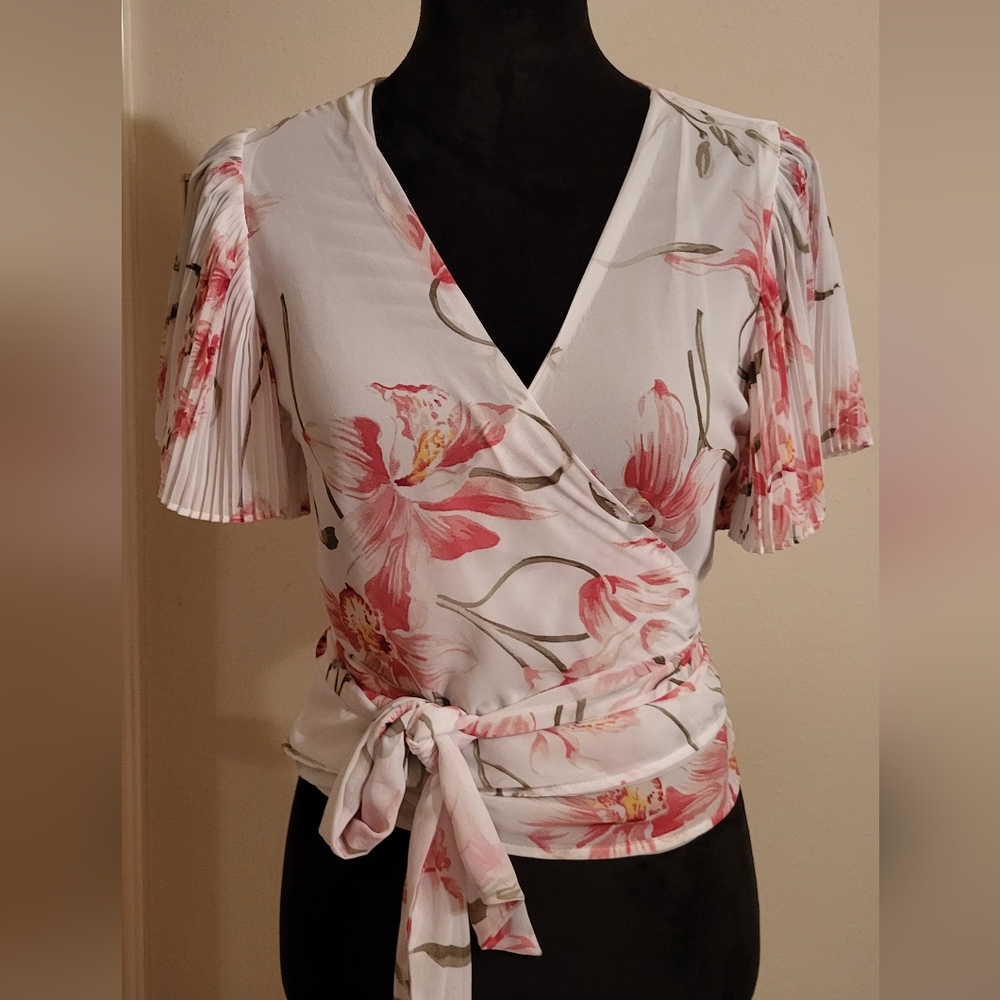 Floral pink white and green semi sheer wrap flowy sleeve wrap top. Size S.